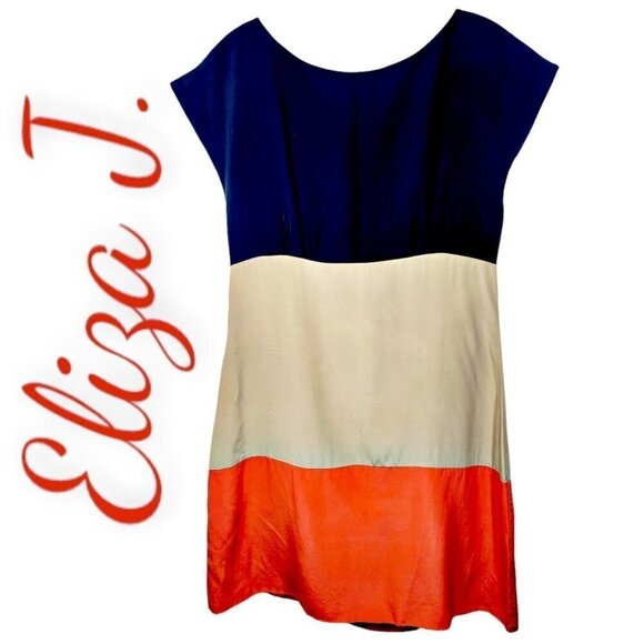 Eliza J 100% Silk Royal Collection Color Blocked Shift Dress in Navy, Tan, 8 - Picture 3 of 9